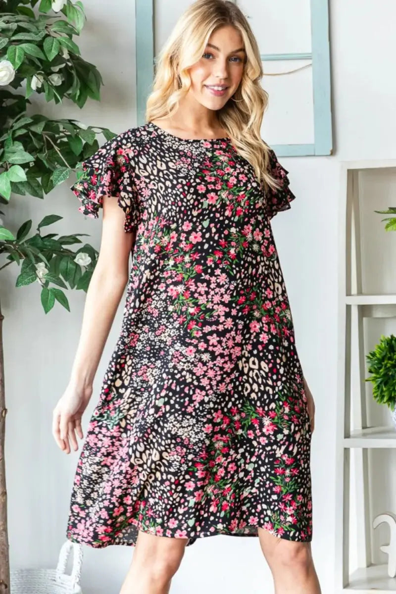 Heimish Full Size Printed Ruffled Short Sleeve Dress with Pockets - Love Salve